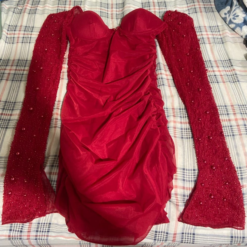 OH POLLY Embellished Long Sleeve Mini Dress in Color Red size 4